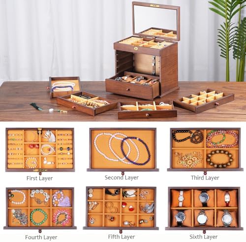 Wooden Jewelry Box7-Layer Lock, Large Vintage Organizer Gift Walnut - Image 5
