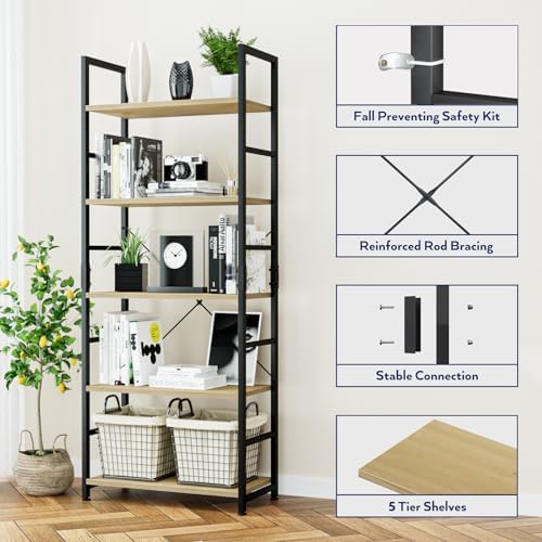 NUMENN 5 Tier Bookshelf, Tall Freestanding Open Storage Bookcase, Natural - Image 5