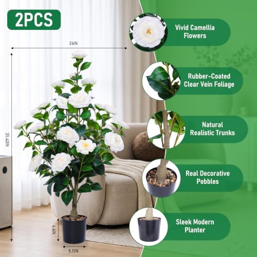 2 Pack Artificial Camellia Trees with Potted (White Flowers) - Image 2