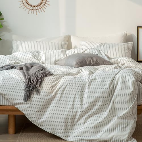MooMee Striped Duvet Cover Set 100% Washed Cotton Linen Like Super Queen by MOOMEE