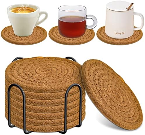Mckanti 8 Pcs Drink Coasters with Holder, Absorbent Coasters for Drinks, Minimalist Cotton Woven Coaster Set for Home Decor Tabletop Protection Suitable for Kinds of Cups, 4.3 Inches. by Mckanti