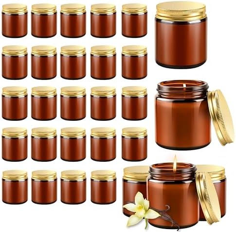 24 Pcs 4 Oz Mason Jar Candles, Vanilla Scented Soy Candles Bulk Set for Stress Relief and Relaxation, Great Favors for Wedding, Christmas, Housewarming Gifts (Gold,Amber Glass, Vanilla, 24) by Unknown