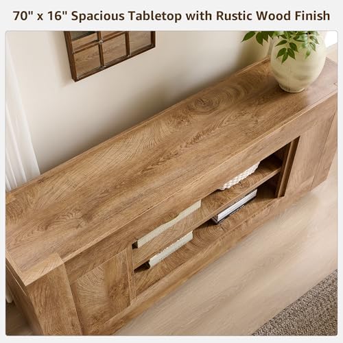 OKD 70" TV Stand for 80" TV, Thick Block Media Console, Light Knotty Oak - Image 4