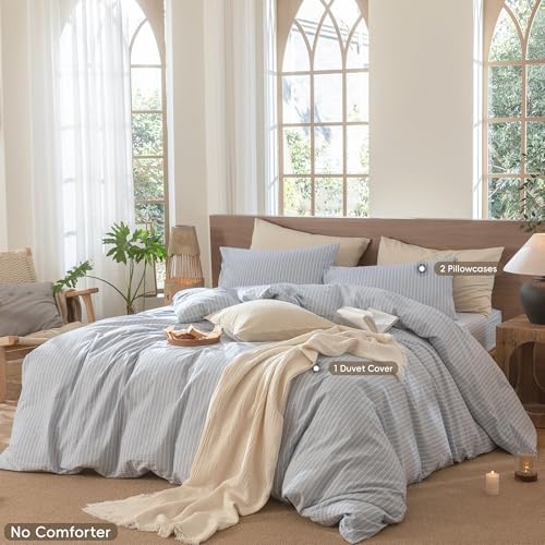 MooMee Striped Duvet Cover Set 100% Washed Cotton Linen Like Full - Image 2