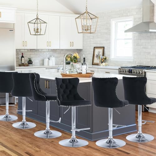 SoarFlash Velvet Bar Stool Set of 6, Adjustable Swivel Bar Stools with Silver Plated Metal Leg, Button Tufted, Footrest, Chrome Nailhead, Counter Height Chair for Kitchen, Bar, Dining Room (Black) - Image 4