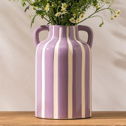 Ceramic Flower Vase with Handles, Modern Purple Striped Decorative Vase for Home Decor, 9.1" Art Floral Tall Flower Vases for Living Room & Kitchen, Mantel & Bookshelf, Centerpieces, Entryway by SUREYUESI