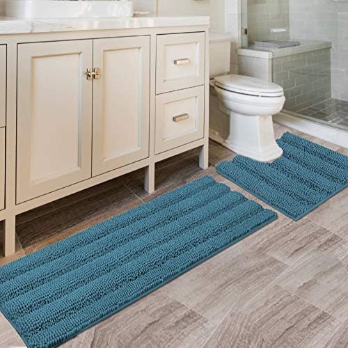 H.VERSAILTEX Bathroom Rugs Bath Rug Set 2 Piece Bathroom Contour Rug Toilet Mat Sets Non Slip Contour Bath Rug Ultra Thick Water Absorbent Striped Bath Mats(47" x 17" Plus 20" x 20" U, Turquoise Blue) by HVERSAILTEX