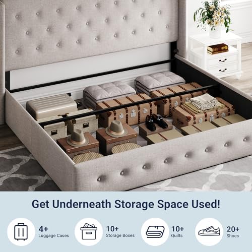 Allewie King Size Lift Up Storage Button-Tufted Bed Frame Light Beige - Image 5