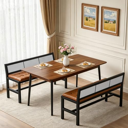 YATINEY Dining Bench, 39.4'' Kitchen Bench with Back, Dining Room Bench with PU Leather Upholstered Seat, Entryway Bench with Metal Legs for Dining Room, Entryway, Living Room, Black and Brown DB01BV - Image 2