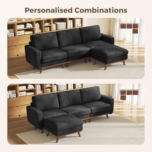 Vesgantti 97" Modular Sectional Sofa Black, L-Shaped Couch with Movable Ottoman, Comfy Corduroy Couch with Spring Cushion, Modular Sofa with Deep Seat for Living Room, Bedroom and Apartment - Image 3