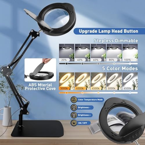 15X Magnifying Glass with Light & Stand,Real Glass,RTM Safety Protection,5 Colors Stepless Dimmable Eye-Caring LED,2-in-1 Hands-Free Desk & Clip-On Magnifier for Reading Crafts Painting & Repair - Image 3