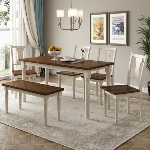 6 Piece Solid Wood Dining Table Set with Bench for 6, Brown+Cottage White by LUMISOL