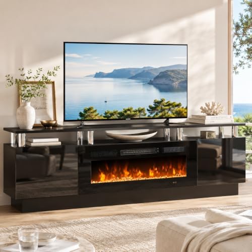 70" TV Stand for Living Room, Modern Entertainment Center & Media Console, Fits TVs up to 80", Storage Cabinet with Shelves, 36" Electric Fireplace with LED Flame (All Black) - Image 2