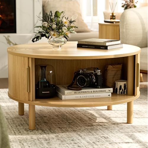 ZttRiee Round Coffee Table with Sliding Doors, Modern, Natural - Image 3