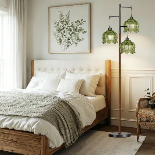 QIYIZM Glass Floor Lamp for Living Room,Bedroom,Stained Green Mid Century Modern Standing Lamp Wood Tree 3 Light Tall Floor Lamps Vintage Retro Black Floor Lights Flower LampShade Boho Bohemian - Image 6