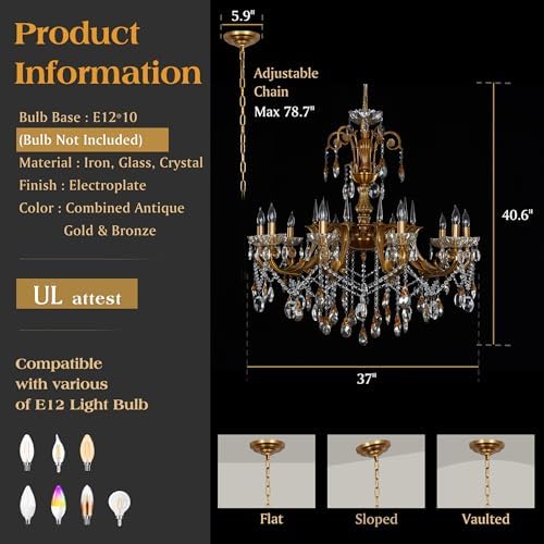 French Crystal Chandelier Antique Gold Candle-Style Pendant Light - Image 4