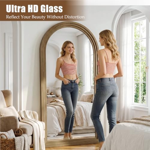 30"x71" Full Length Mirror Solid Wood Frame, Arched Floor Mirror Full Length with Stand, Room Decor Big Full Body Mirror with HD Tempered Glass for Bedroom, Living Room, Light Brown - Image 6