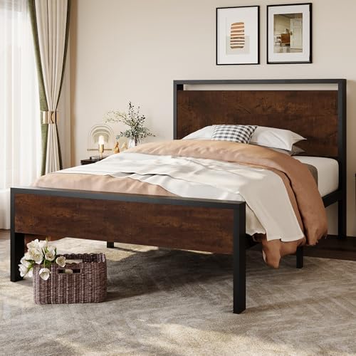 SHA CERLIN 14 Inch Twin Size Metal Platform Bed Frame with Wooden Headboard and Footboard, Mattress Foundation, No Box Spring Needed, Large Under Bed Storage, Heavy Duty Slats Support, Mahogany by SHACERLIN