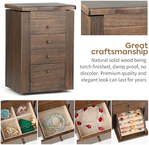 Meangood Jewelry Box Jewelry Organizer, 5-Layer Wooden Jewelry Organizers and Storage Boxes for Women Girls, Ring Earring Bracelet Necklace Holder Organizer with Mirror & Drawers (Walnut) - Image 7
