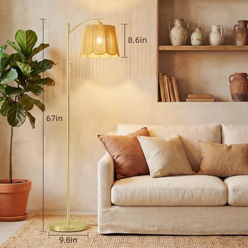 Rattan Boho Arc Floor Lamp with Flower-Inspired Scalloped Woven Shade - Image 6