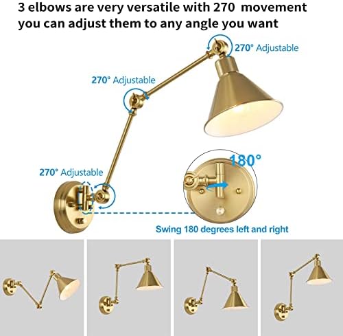 TRLIFE Wall Sconces Plug in, Dimmable Wall Sconces Brushed Brass Swing Arm Wall Lights Plug in Wall Mounted Light Industrial Wall Lights with 6FT Plug in Cord, E26 Base, UL Listed(Two Arms, 2 Pack) - Image 2