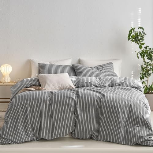 MooMee Striped Duvet Cover Set 100% Washed Cotton Linen Like Alaska King by MOOMEE