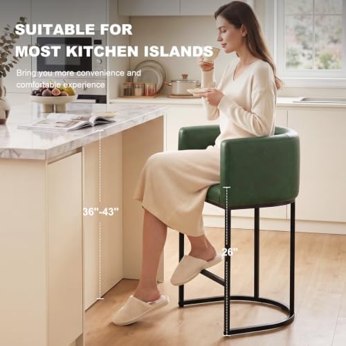 26" H Counter Height Bar Stools Set of 3, Modern Barrel Counter Stools with Backrest and Arms, Faux Leather Upholstered Accent Barstools for Kitchen Island,Support 450 LBS (Green) - Image 4