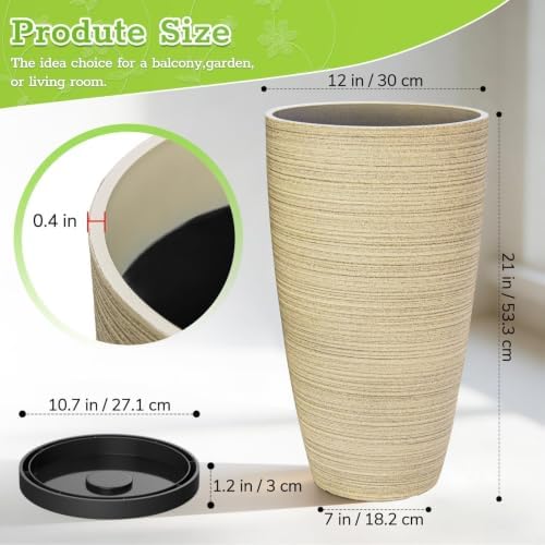 ZMTECH 2-Pack Large Tall Planters with Saucer - 6.8 Gallons /12x21 Inch Faux Stone Finish Round Flower Pots for Indoor Plants, Outdoor Patio & Porch Decor, Unbreakable Plant Containers Beige - Image 3