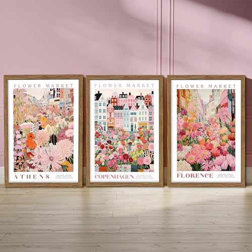 Floral Wall Art Set of 3, Colorful Flower Market Canvas Wall Decor Paintings, Pink Wildflower Botanical Posters Prints Pictures Artwork for Bedroom Living Room 16x24 Inch Wood Framed - Image 2
