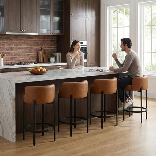 LukeAlon Modern PU Leather Counter Height Stools Set of 4, Upholstered 26" Seat Height Barstools with Black Metal Legs Round Low Back Kitchen Stools with Footrest for Dining Room Small Places, Brown by LukeAlon