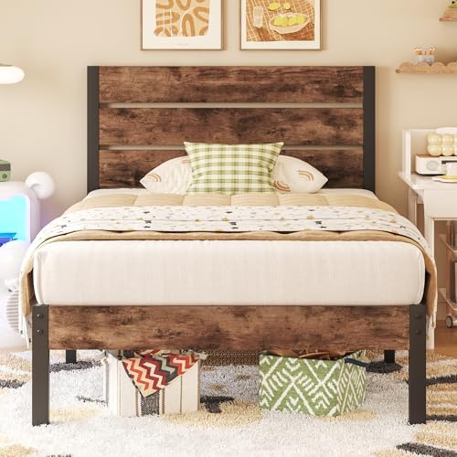 Fluest Twin Bed Frame with Headboard and Footboard, Metal Twin Bed Frame with Under Bed Storage, All-Metal Support System, No Box Spring Needed, Easy Assembly,Rustic Brown by Fluest