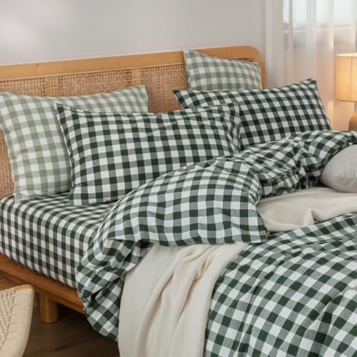 BESTOUCH Gingham Cotton Duvet Cover Set Green Super King - Image 2