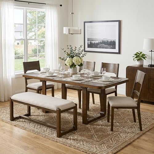 VilroCaz 6-Piece Acacia Wood Dining Table Set, Extendable Rectangular Dining Table with 4 Upholstered Dining Chairs& Bench, Reinforced Stretcher Base for Kitchen and Dining Room (Brown/Beige) - Image 2