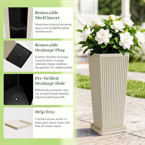 24" Tall Planters for Outdoor Plants with Tray Set of 2 Resin Beige - Image 3