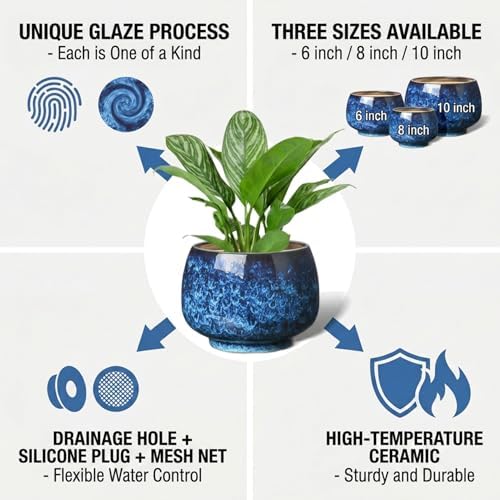 BUYMAX Ceramic Plant Pots Set of 3, 6 & 8 & 10 Inch Indoor Planters - Image 4