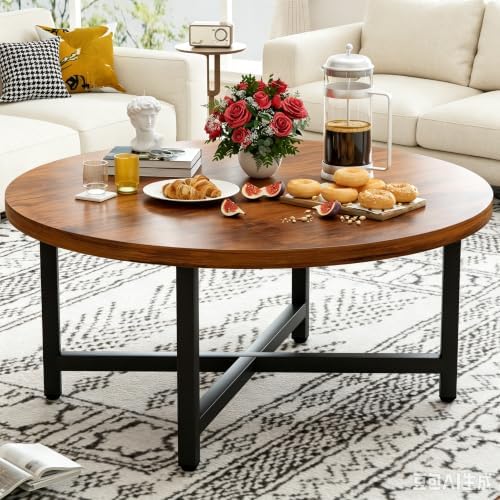 Round Coffee Table, 31.5" Brown Coffee Table, Coffee Tables for Living Room by FURMORENE