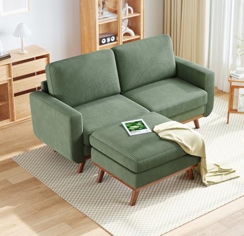 Vesgantti 68" Loveseat Sofa with Movable Ottoman, Comfy Corduroy Couch with Spring Cushion, Sofa Couch with Solid Wood, Modern Office Sofa with Deep Seat for Living Room and Bedroom, Green by Vesgantti