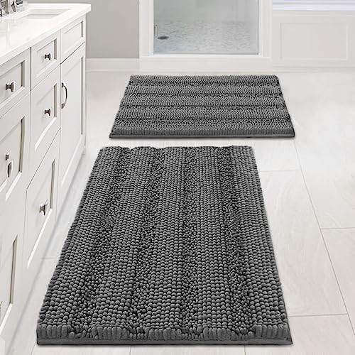 H.VERSAILTEX Grey Bathroom Rug Set Bath Mats, 2 Piece Bath Rugs Non Slip Thick Soft Chenille Striped Bath Rug Set, Bath Mats for Bathroom Sets (Grey, 20" x 32"/17" x 24") by HVERSAILTEX