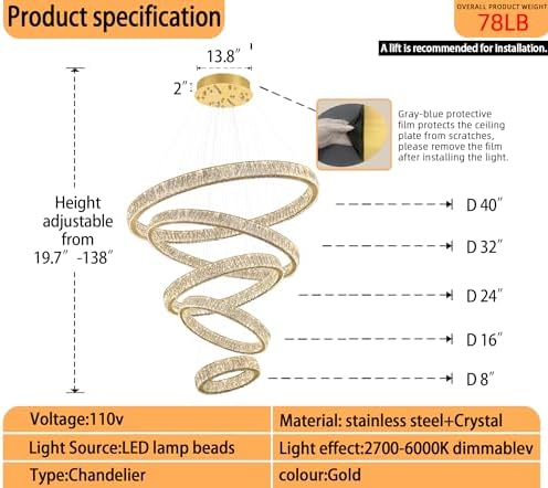 Modern Gold Ring Chandelier for High Ceiling Foyer,Large Crystal Chandelier for Staircase Villa D8''+15.7"+23.6"+31.5"+39.4" - Image 2