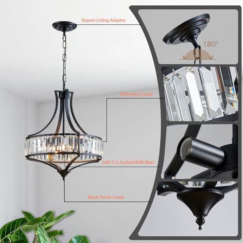 Crystal Chandeliers for Dining Room, Round Rustic Farmhouse Chandelier, Metal Shade, 4-Light Modern Chandelier for Hallway, Bedroom, Foyer Black - Image 4