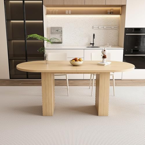 6-Piece Mid-Century Oval Dining Table Set with Bench, 63" Oak Table with Fluted Double Pedestal Base + Beige Fabric Upholstered Chairs & Gray Boucle Bench for Small Dining Nook - Image 6