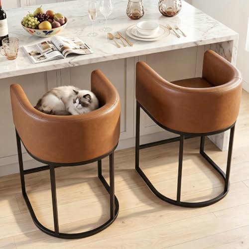 26" H Counter Height Bar Stools Set of 1, Modern Barrel Counter Stools with Backrest and Arms, Faux Leather Upholstered Accent Barstools for Kitchen Island,Support 450 LBS (Walnut Brown - Image 4