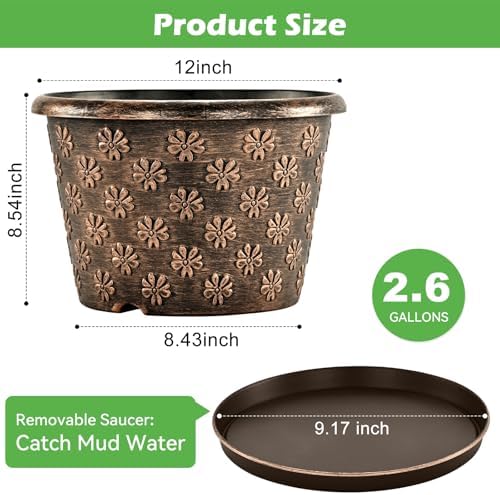 12 Inch Planter Pots for Plants, Plastic Large Flower Pots Indoor Outdoor, 4 Pack Resin Plant Pot with Drainage & Saucer, Retro Decorative Garden Pot with Removable Trays for House - Image 3