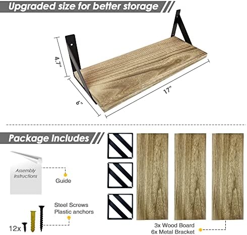 Floating Shelves with Black Metal Brackets Set of 3, Light Wood Wall Bookshelf for Bedroom Over Desk Bed, Hanging Shelf for Office Kitchen Living Room, Bathroom Over Toilet (Natural Color) - Image 3