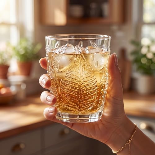 Clear Drinking Glasses Set of 4, 10 oz Glass Cups, Vintage Fern Glassware - Image 4