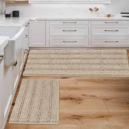 H.VERSAILTEX Bathroom Rug Sets 2 Piece Bath Mats Non Slip Thick Soft Chenille Striped Bath Rug achine Washable Shower Floor Rugs for Tub, Shower and Floor (Fog, 47" x 17"/17" x 24") by HVERSAILTEX