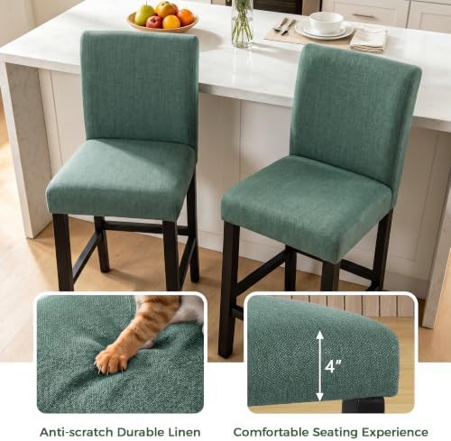 LSSPAID Counter Height Bar Stools Set of 2, 25 Inch Upholstered Fabric Barstools, Modern Kitchen Island Chairs with Backrest and Solid Wood Legs, Green - Image 5