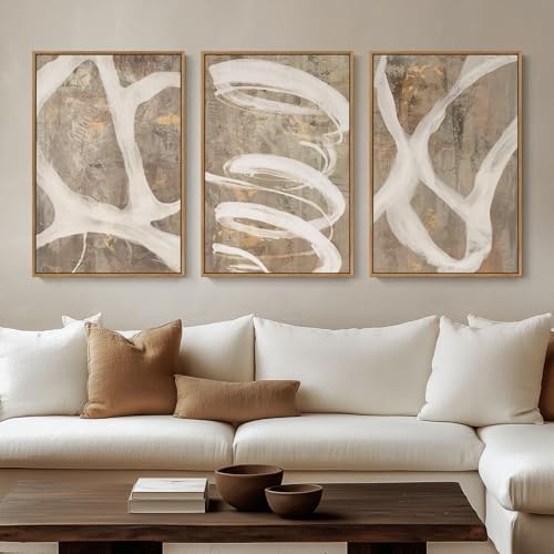 Large Framed Neutral Beige Abstract Wall Art for Living Room, 3 Piece 24x36 by Cuspin