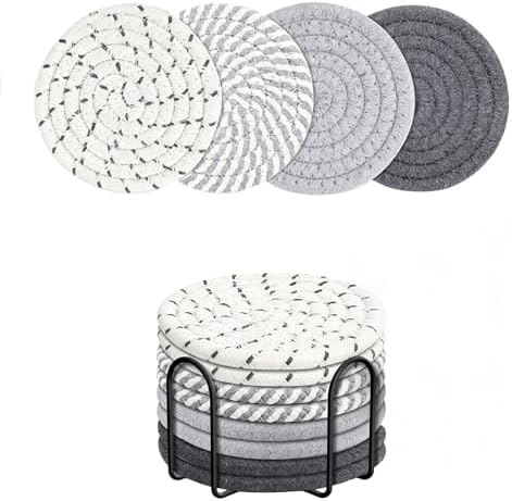Coasters Set of 8 for Drinks with Holder,4 Colors Absorbent Coasters,Boho Cotton Woven Coaster Set for Living Room Decor,Tabletop Protection Suitable for Drinks,Beer, Coffee by Unknown