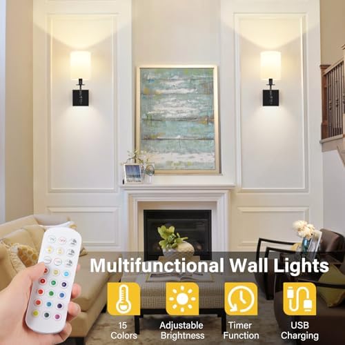 14 Inch Black Battery Operated Wall Sconces Set of 2, Rechargeable Wireless Wall Lights with Remote & White Fabric Shade, Indoor Not Hardwired Dimmable Wall Lamps for Bedroom, 2 Bulbs Included - Image 6